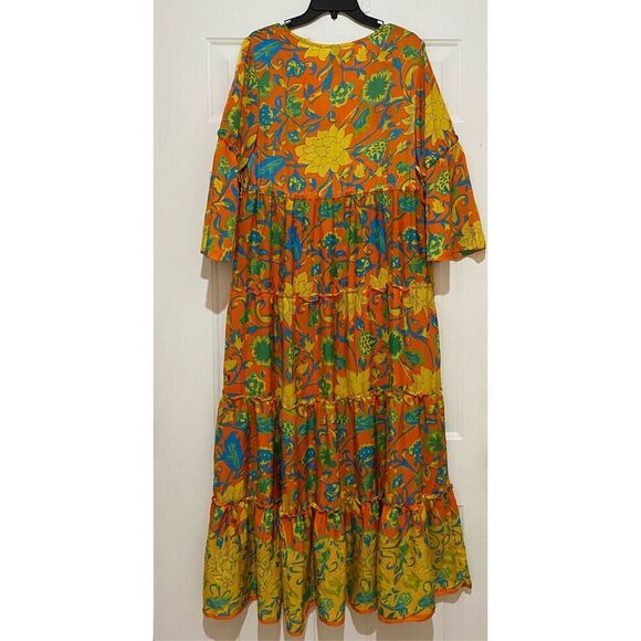 Vintage Me 2 Magic Women’s Medium Vibrant Orange Yellow Floral Maxi Dress Tie - Picture 6 of 9